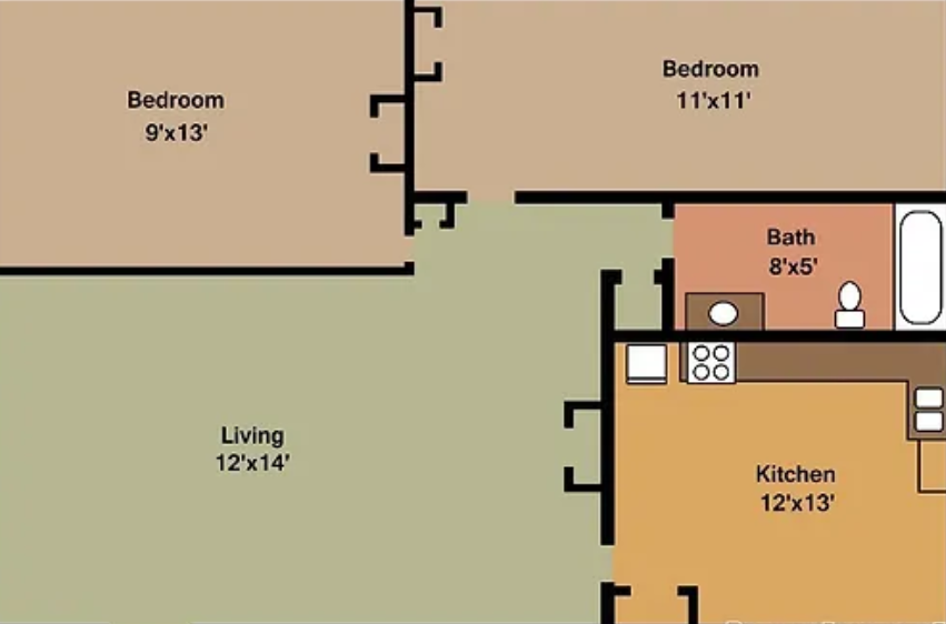 Floor plan for 2 beds, 1 bath, 800 sqft